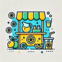 DALL·E 2024-09-16 13.52.38 - An icon representing 'A Popular Lemonade Stand with a Catchy Sign,' featuring a brightly colored and stylized lemonade stand. The stand has a cheerful