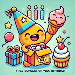 DALL·E 2024-10-15 10.09.31 - A playful 2D, flat-style icon representing a 'Cupcake Club' that gives a free cupcake and ice cream on your birthday. The image should feature a cheer