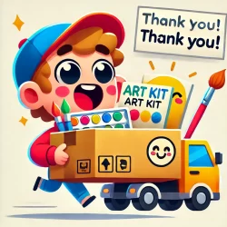 DALL·E 2024-10-15 10.11.15 - A playful 2D, flat-style icon showing the excitement of an art kit arriving faster than expected, with a personalized thank-you note in English. The i