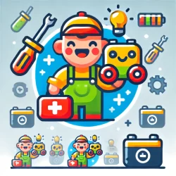 DALL·E 2024-10-15 10.13.59 - A playful 2D, flat-style icon representing a toy repair shop that fixed a toy and added new batteries. The image should feature a cheerful character h