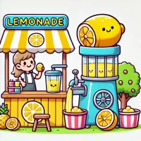 DALL·E 2024-10-16 07.28.55 - A flat, 2D hand-drawn style illustration of a lemonade stand using a lemon-squeezing machine. The image shows a cheerful lemonade stand with a bright,