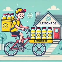 DALL·E 2024-10-16 07.31.47 - A flat, 2D hand-drawn style illustration showing lemonade being delivered to houses on bikes. The image features a happy delivery person riding a bike