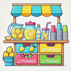 DALL·E 2024-10-16 07.46.20 - A flat, 2D hand-drawn style illustration for kids showing a well-organized lemonade stand setup. The image shows a cheerful lemonade stand with items