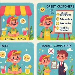 DALL·E 2024-10-16 07.48.30 - A flat, 2D hand-drawn style illustration for kids showing a set of rules for greeting customers, taking orders, and handling complaints at a lemonade