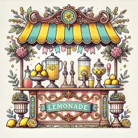 DALL·E 2024-10-18 11.46.07 - A flat, 2D hand-drawn style illustration of a fancy lemonade stand. The image features a stylish lemonade stand with elegant details like decorative b