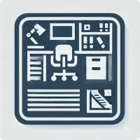 DALL·E 2024-10-24 18.23.35 - A minimalist instruction-manual-style icon representing a workplace. The image should depict a simple office environment, with elements like a desk, c