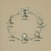 DALL·E 2024-10-25 20.56.24 - A simple, hand-drawn 2D illustration showing a small plant growing in stages, with each stage marked by a small magnifying glass icon beside it to rep