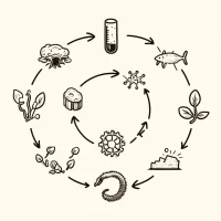 DALL·E 2024-10-26 11.41.25 - A simple, hand-drawn 2D illustration representing biological energy cycles. Show the cycle with elements like a plant, an animal, and decomposing matt