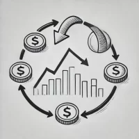 DALL·E 2024-10-26 11.42.59 - A simple, hand-drawn 2D illustration representing economic cycles. Show elements like a rising arrow, a coin, and a downwards arrow arranged in a circ