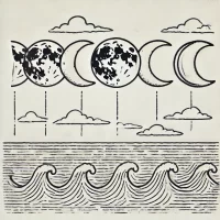 DALL·E 2024-10-26 11.43.48 - A simple, hand-drawn 2D illustration representing tidal patterns influenced by moon phases. Show the moon in different phases above a body of water, w