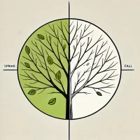 DALL·E 2024-10-26 11.46.10 - A simple, hand-drawn 2D illustration representing the seasonal growth and rest cycles of trees. Show a tree with green leaves on one side, symbolizing