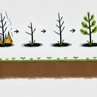 DALL·E 2024-10-26 21.17.03 - A simple, hand-drawn 2D illustration representing forest recovery and regeneration after fires. Show a sequence with a burnt tree or scorched ground t