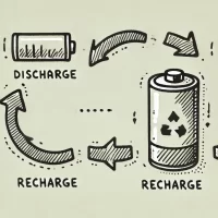 DALL·E 2024-10-26 21.17.36 - A simple, hand-drawn 2D illustration representing the discharge and recharge cycles of batteries. Show a battery icon with arrows flowing out and then