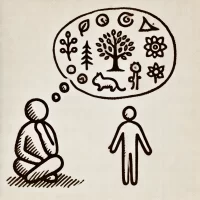 DALL·E 2024-10-31 09.15.25 - A simple, hand-drawn icon representing curiosity and reflection on life. It shows a person sitting quietly with a thought bubble containing symbols of