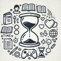 DALL·E 2024-10-31 09.31.26 - A simple, hand-drawn icon representing time management and self-reflection on time usage. It shows a small clock or hourglass with symbols around it,