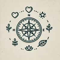 DALL·E 2024-10-31 10.08.34 - A simple, hand-drawn icon representing personal values and guidance. It shows a small compass with subtle symbols around it like a heart, star, and le