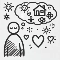 DALL·E 2024-10-31 10.15.16 - A simple, hand-drawn icon representing dreaming about an ideal lifestyle. It shows a person with a thought bubble containing symbols like a house, sun