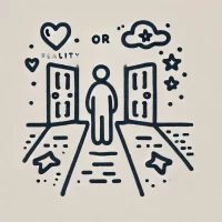 DALL·E 2024-10-31 10.17.29 - A simple, hand-drawn icon representing a choice between reality and a dream world. It shows a person standing between two paths or doors, with one sid