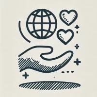 DALL·E 2024-10-31 10.40.06 - A simple, hand-drawn icon representing being a good citizen and making a positive impact. It shows a small globe or earth with a heart and a helping h