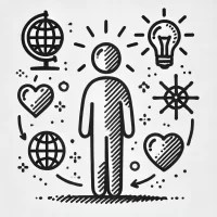 DALL·E 2024-10-31 13.05.34 - A simple, hand-drawn icon representing exploration of belief systems. It shows a person with symbols like a small globe, heart, and light bulb around