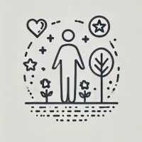 DALL·E 2024-10-31 13.44.44 - A simple, hand-drawn icon representing the concept of a good life and meaningful values. It shows a person with symbols like a heart, a star, and a sm