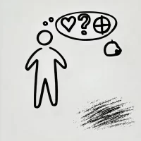 DALL·E 2024-10-31 14.02.21 - A simple, hand-drawn icon representing motivation exploration. It shows a person with a thought bubble containing symbols like a heart and a question