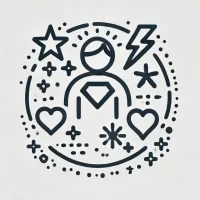 DALL·E 2024-10-31 14.03.27 - A simple, hand-drawn icon representing discovering personal strengths and superpowers. It shows a person with symbols like a star, heart, and small li