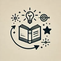 DALL·E 2024-10-31 22.11.25 - A simple, hand-drawn icon representing life learning and growth. It shows a small open book with symbols around it like a light bulb, star, and arrow