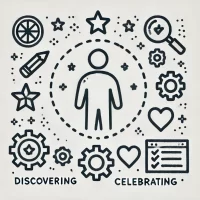 DALL·E 2024-10-31 22.22.56 - A simple, hand-drawn icon representing discovering and celebrating skills. It shows a person with small symbols around them like a star, gear, and hea