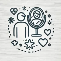 DALL·E 2024-10-31 22.35.40 - A simple, hand-drawn icon representing self-reflection and seeking feedback. It shows a person looking into a friendly mirror with symbols like a hear