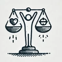 DALL·E 2024-10-31 22.47.35 - A simple, hand-drawn icon representing a balanced approach to life with a mix of fun and seriousness. It shows a person standing between a heart and a