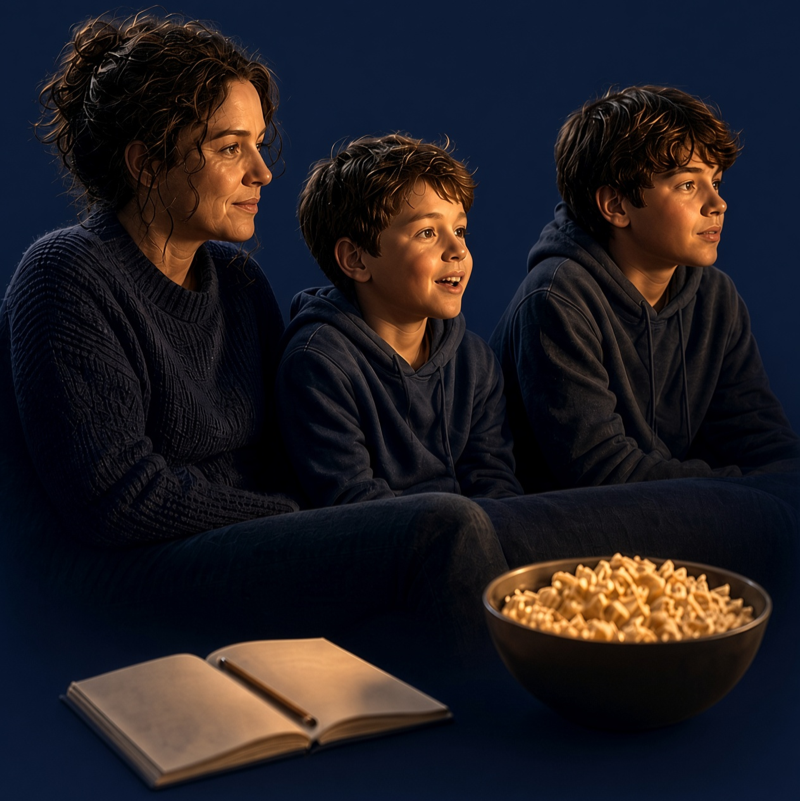 A mother and her two sons watching a movie together at night, with popcorn and an open notebook
