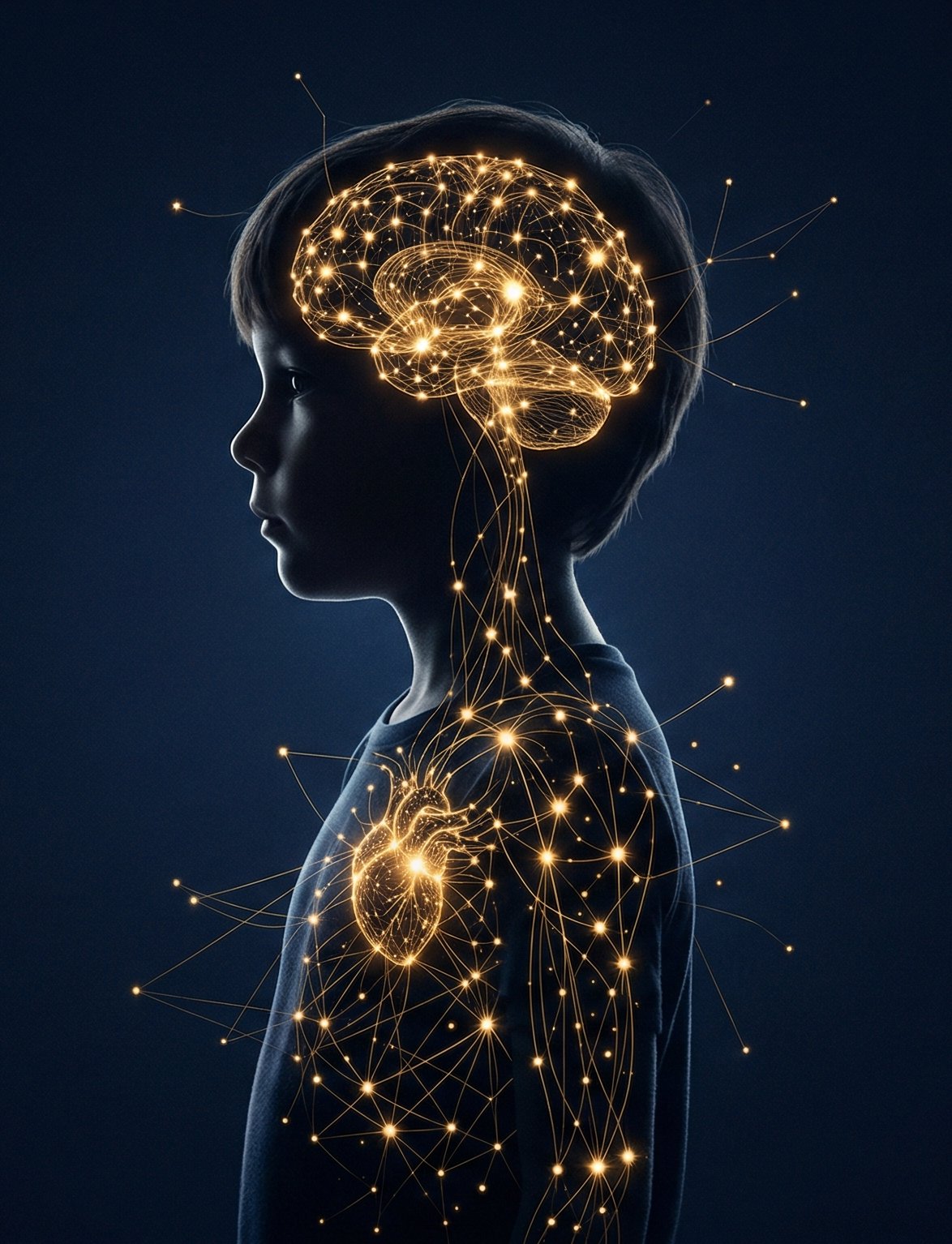 Child with glowing neural constellation representing developmental growth